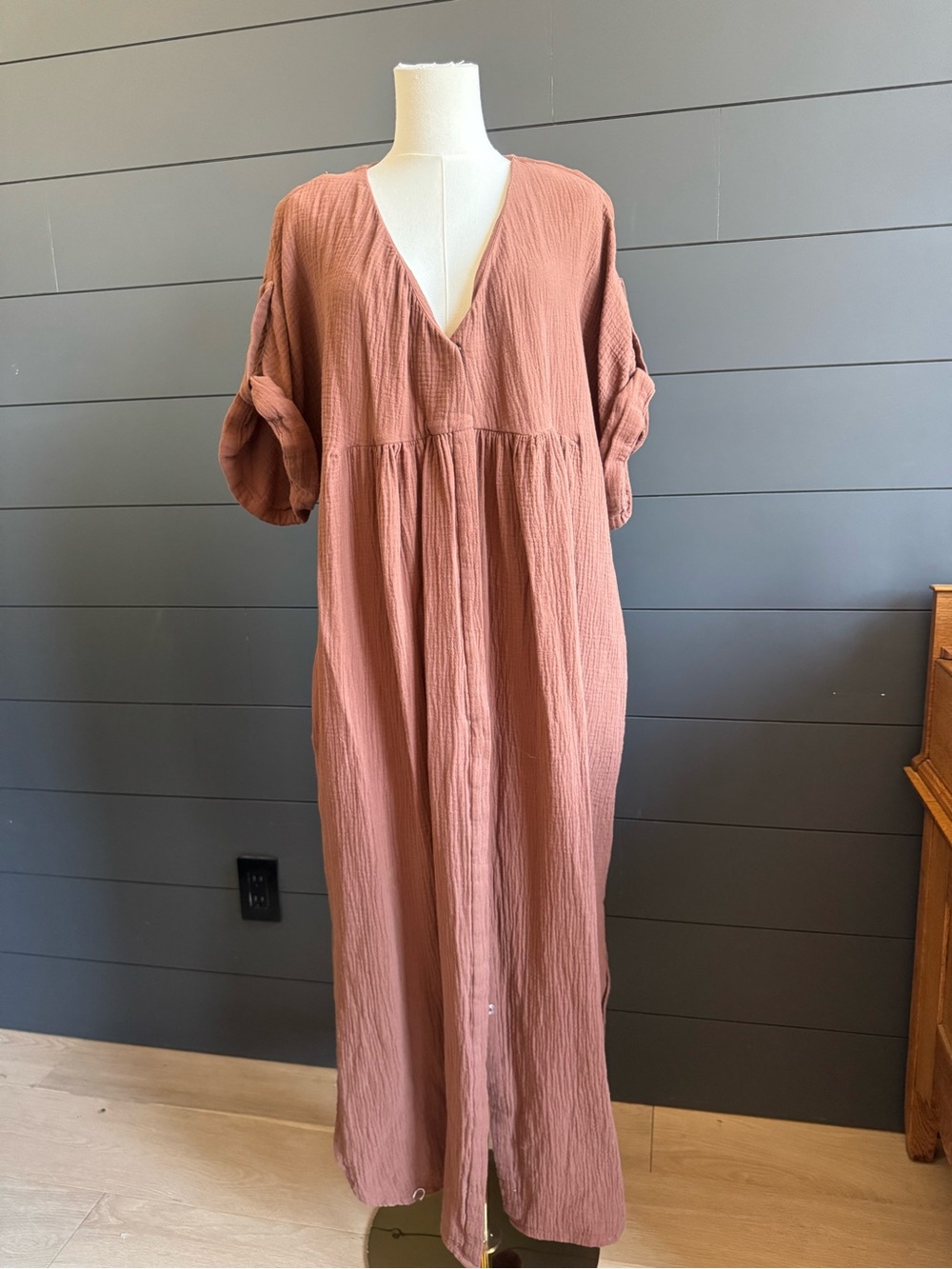 Zapelle Rust Button Front Maxi Dress Relaxed Lounge Oversized V Neck Cotton